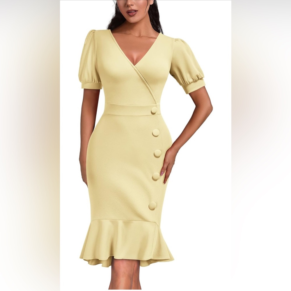 AISIZE Women's Vintage V-Neck Ruffle Hem Cocktail Bodycon Dress